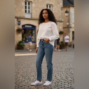 Maurices White Embroidered Cuffed Sleeve Blouse